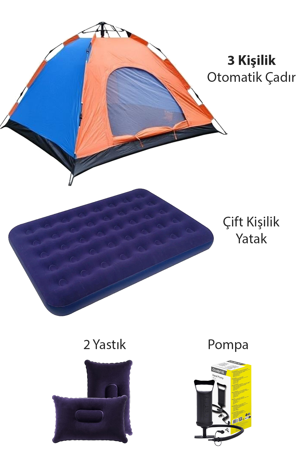 3 Kişilik Otomatik Çadır Kamp Yatak Yastık Şişirme Pompa Seti