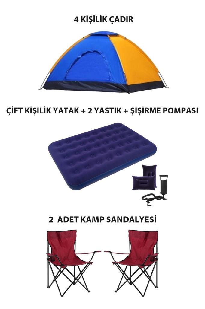 4 Kişilik Lüks Kamp Seti Çadır 2 Sandalye Yatak ve Yastık