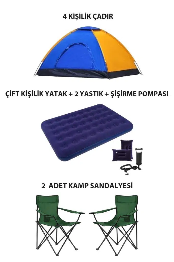 4 Kişilik Lüks Kamp Seti Çadır 2 Sandalye Yatak ve Yastık - Yeşil