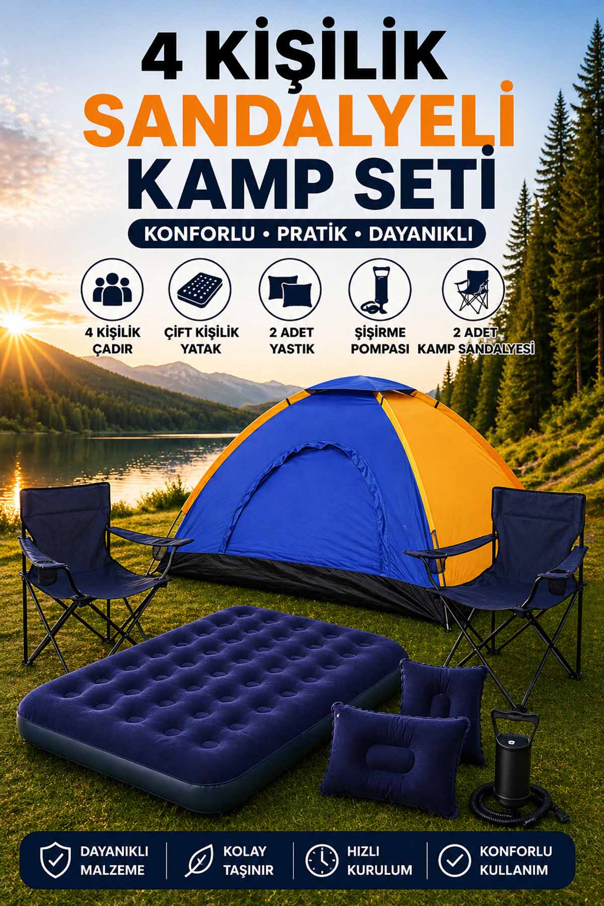 4 Kişilik Lüks Kamp Seti Çadır 2 Sandalye Yatak ve Yastık