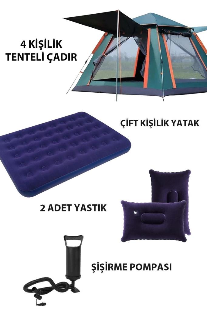 4 Kişilik Tenteli Tam Otomatik Kurulum Kamp Çadırı + Çift Kişilik Yatak + 2 Yastık + Manuel Pompa