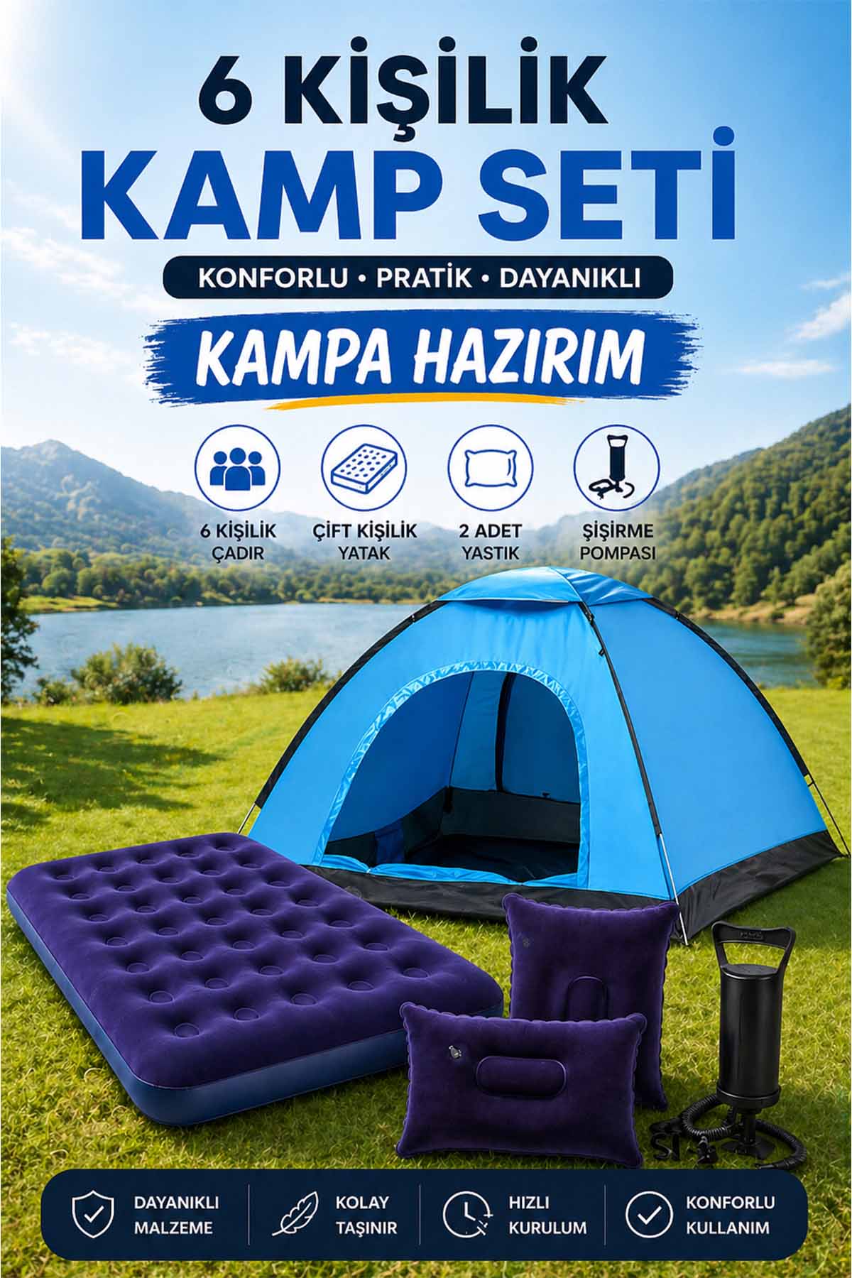 6 Kişilik Kamp Çadırı Çift Kişilik Yatak ve Yastık Kamp Seti
