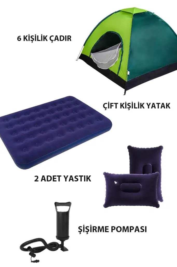 6 Kişilik Kamp Çadırı Çift Kişilik Yatak ve Yastık Kamp Seti
