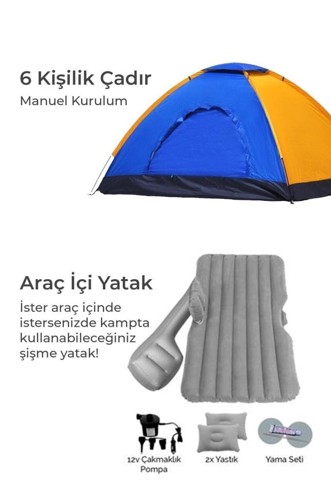 6 Kişilik Kamp Çadırı ve Araç İçi Şişme Yatak Seti