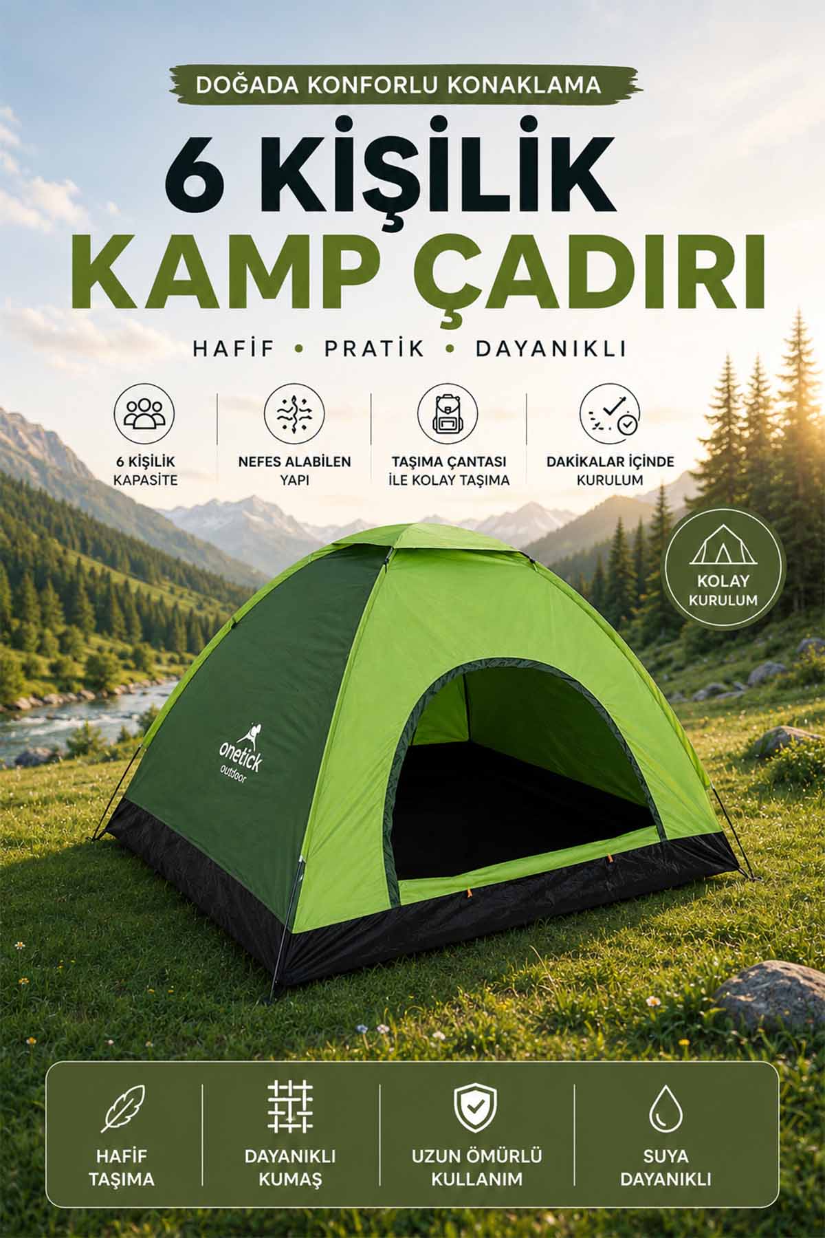 6 Kişilik Renkli Dayanıklı Kamp Çadırı 220x250x150