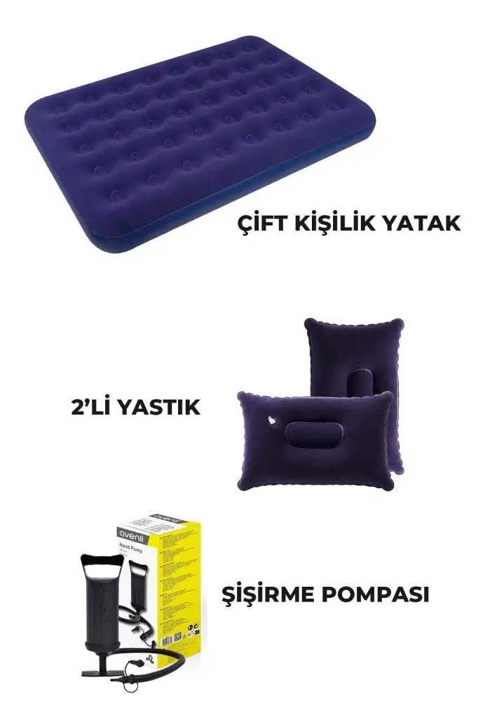 Çift Kişilik Kamp Şişme Yatak Yastık Şişirme Pompa Seti