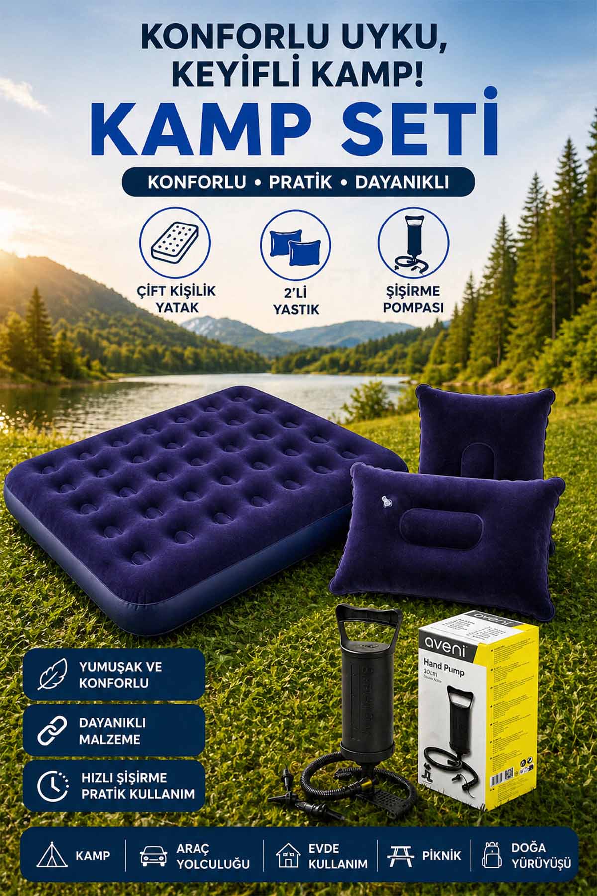Çift Kişilik Kamp Şişme Yatak Yastık Şişirme Pompa Seti