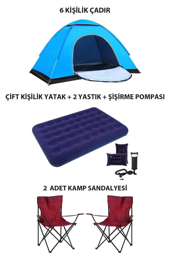 Lüx Kamp Tatil Seti Çadır 2 Adet Sandalye Yatak Yastık - Kırmızı