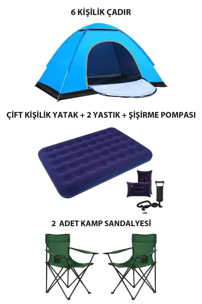 Lüx Kamp Tatil Seti Çadır 2 Adet Sandalye Yatak Yastık - Yeşil