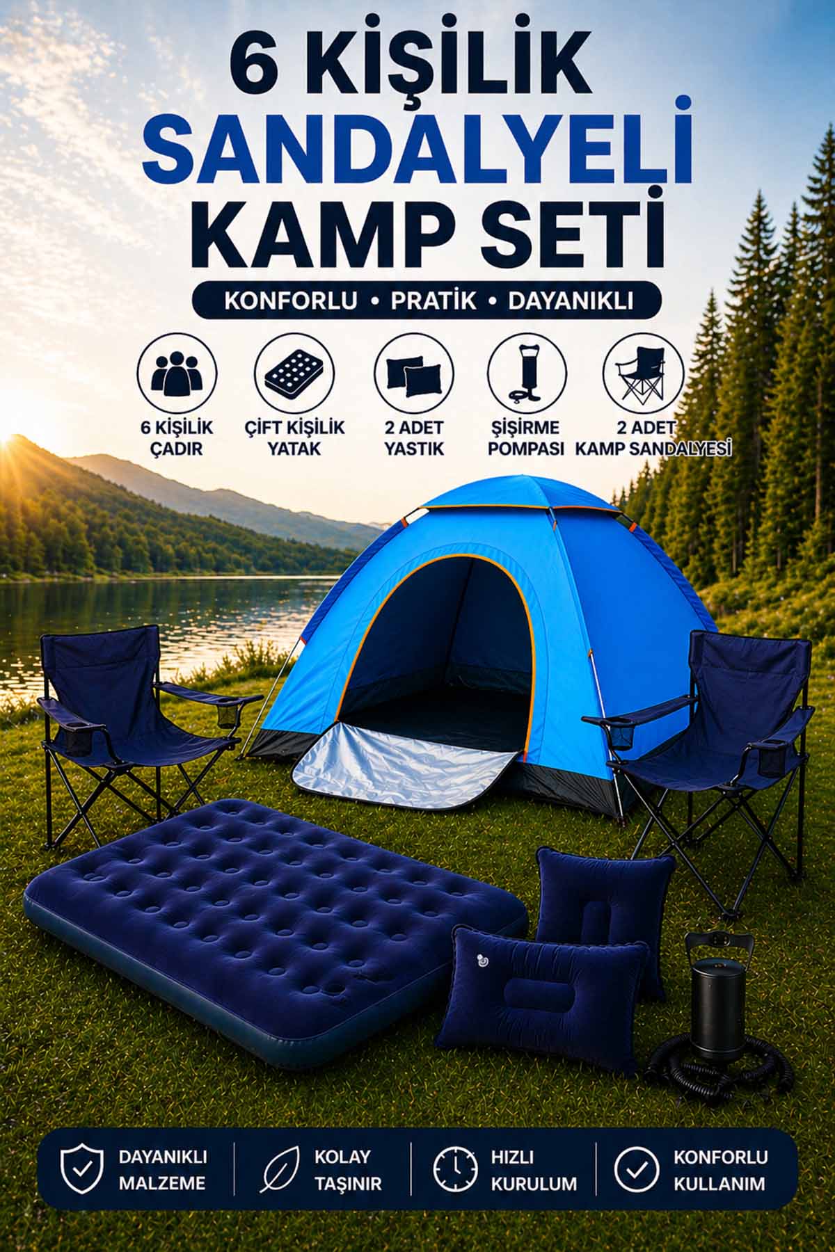 Lüx Kamp Tatil Seti Çadır 2 Adet Sandalye Yatak Yastık