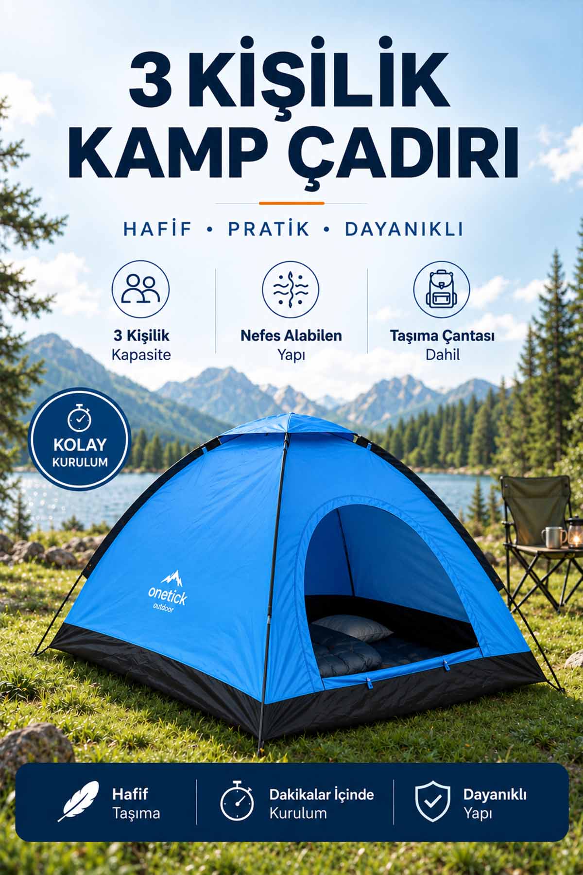Onetick 3 Kişilik Renkli Dayanıklı Kamp Çadırı 200x150x110