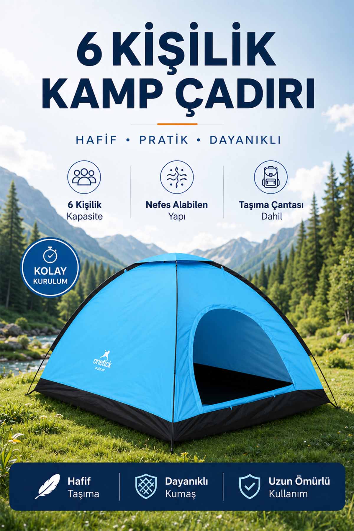 Onetick 6 Kişilik Renkli Dayanıklı Kamp Çadırı 220x250x150